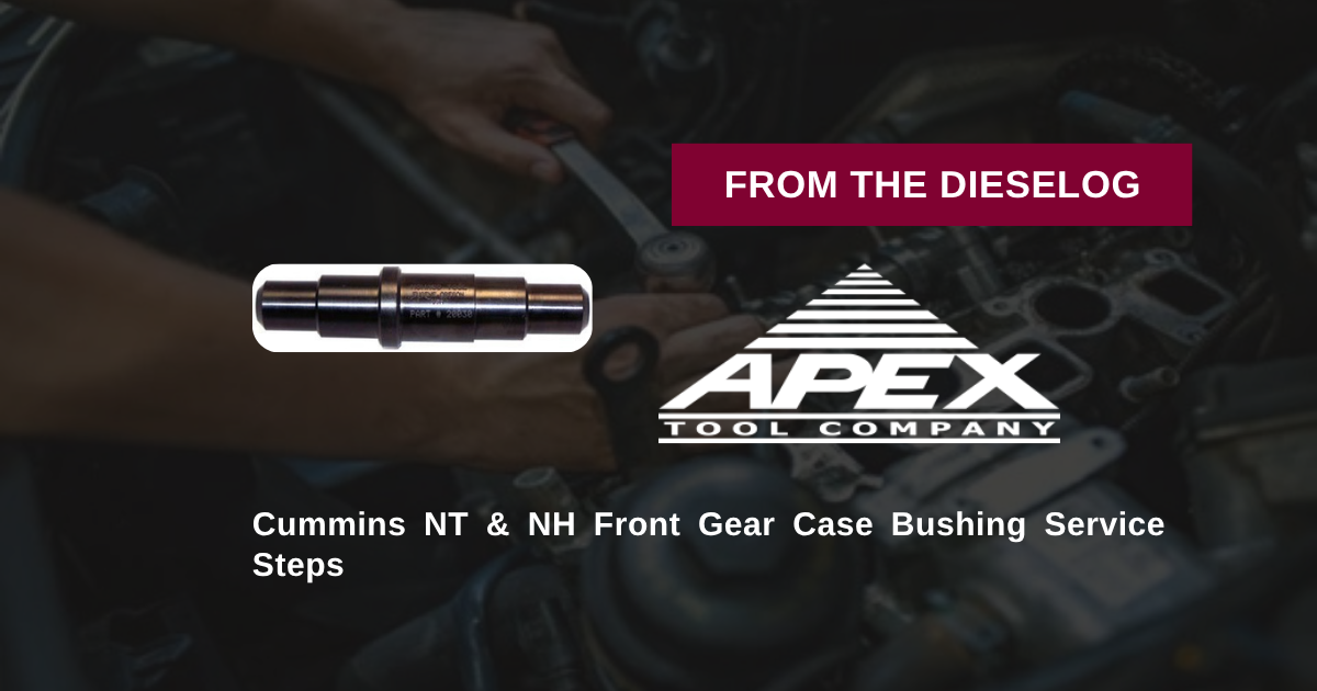Step-by-step close up layout of gear case bushing remover installer tool mounted on a Cummins NT front cover
